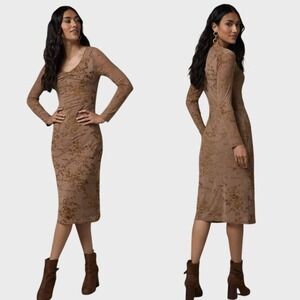 NWT Francesca's Bodycon Burnout Velvet Mesh Amelia Floral Midi Dress Small Brown